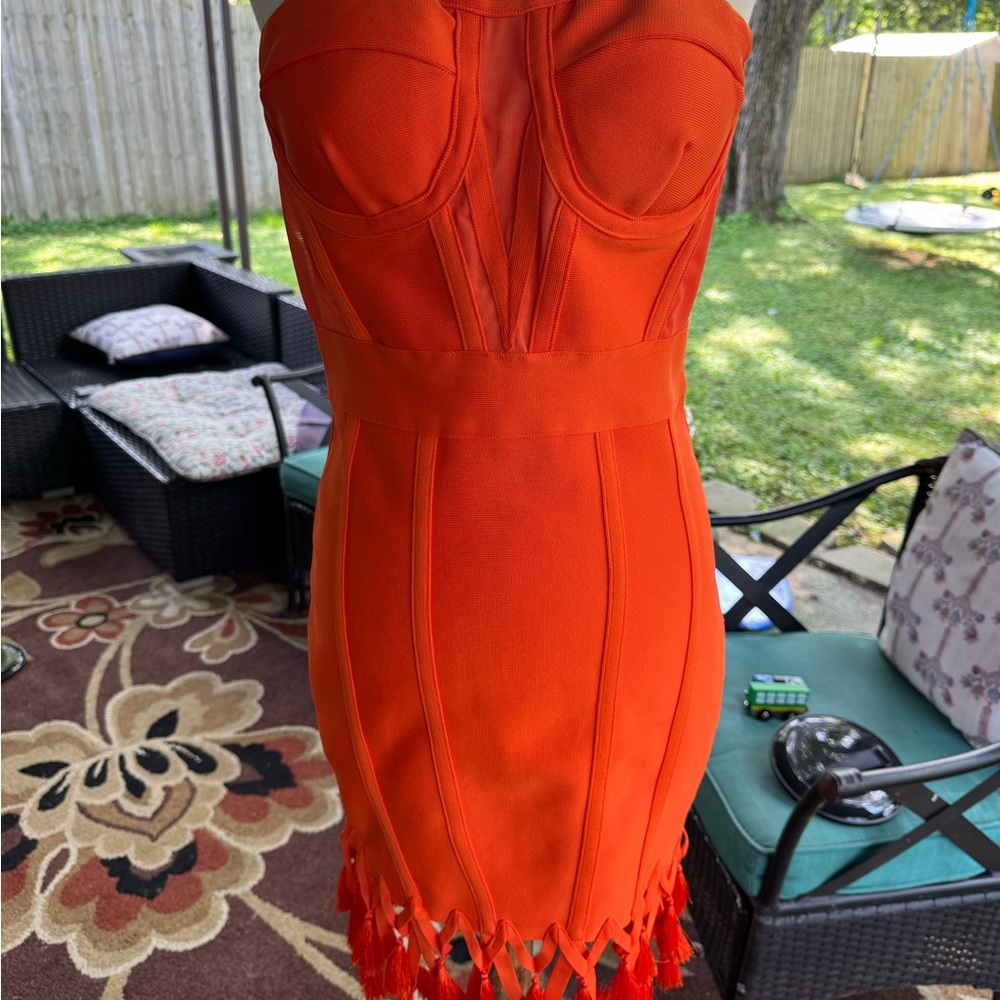 Orange Strapless Dress with Tassels